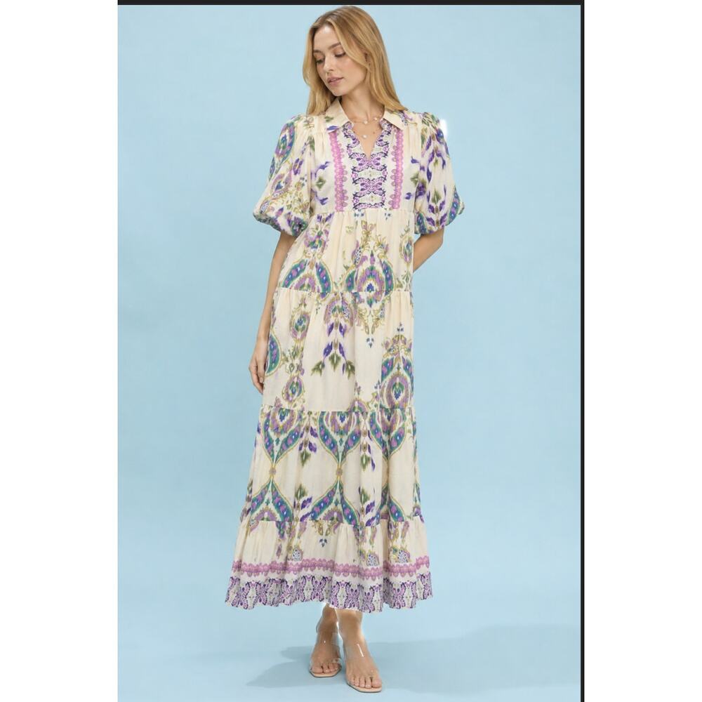 Umgee NWT Medium Tiered Midi Dress Boho Puff Sleeve Floral Paisley Cottagecore